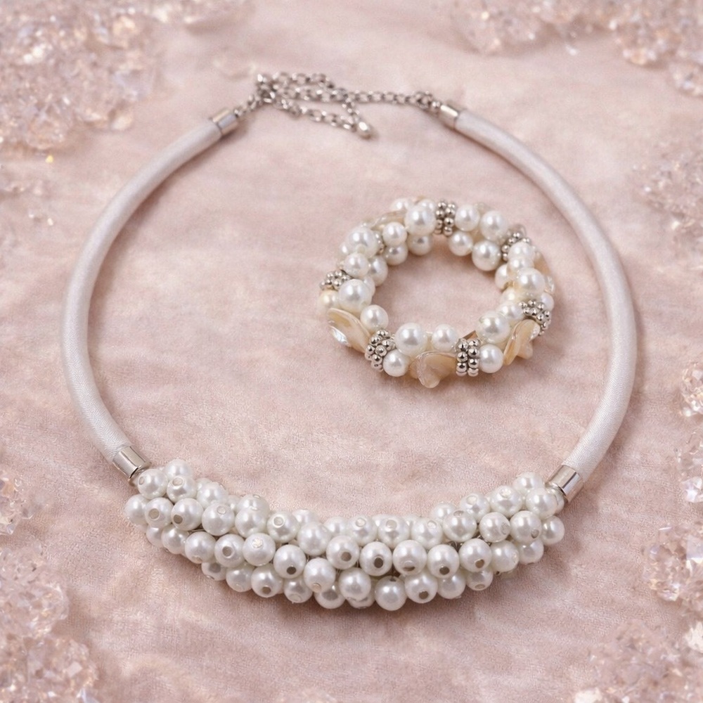 White Shell & Simulated Pearl Necklace & Bracelet Set | Wedding Formal | 18”